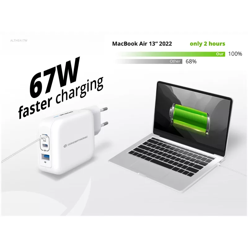 Ładowarka Conceptronic 3-portowa 67W GaN USB PD z kablem ładującym USB-C, USB-C x 2, USB-A x 1, QC 3.0, PPS