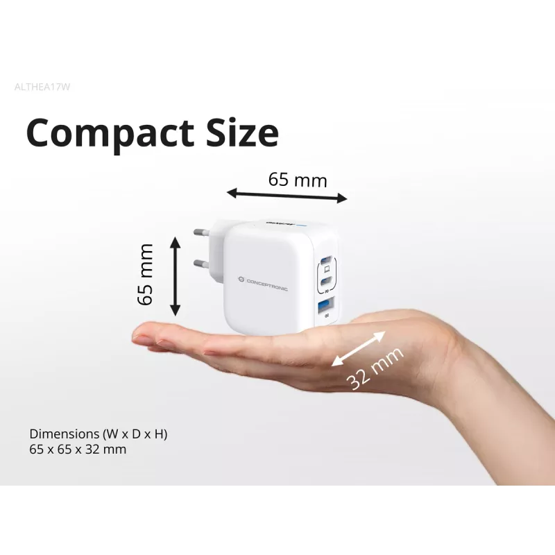 Ładowarka Conceptronic 3-portowa 67W GaN USB PD z kablem ładującym USB-C, USB-C x 2, USB-A x 1, QC 3.0, PPS