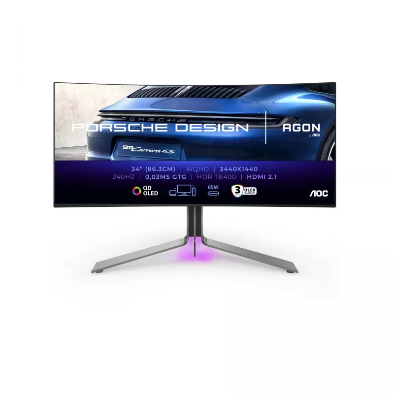 Monitor komputerowy AOC Porsche PD34 86,4 cm (34 cale) 3440 x 1440 pikseli Wide Quad HD QD-OLED Czarny