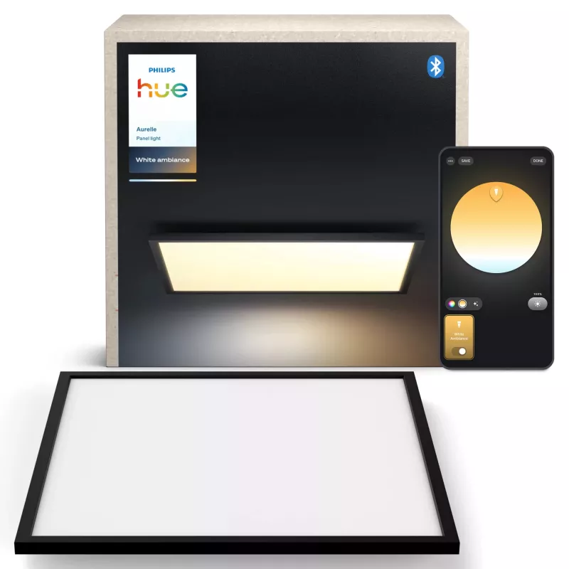 Inteligentna lampa sufitowa Philips Hue Aurelle Square Panel 600×600 mm, Bluetooth, 220–240V, głębokość 48 mm, czarno-biała