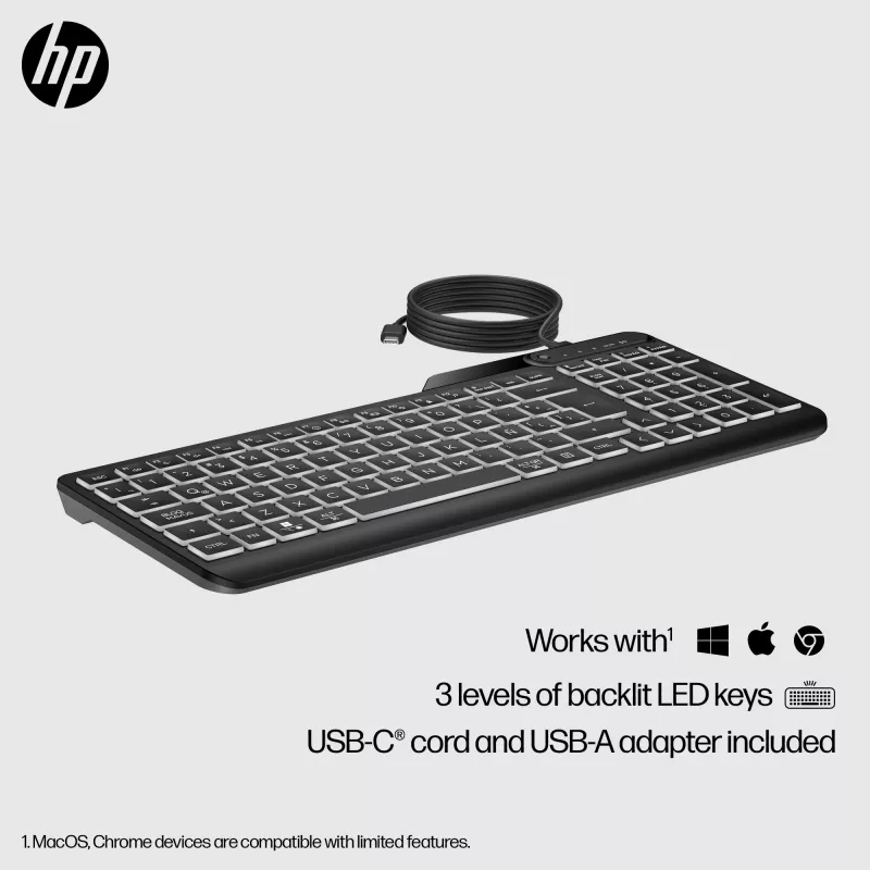 Klawiatura przewodowa HP 400 z podświetleniem, pełnowymiarowa, USB, czarna
