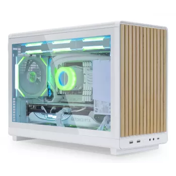 Obudowa PC Lian Li A3-mATX Micro Tower — Biała z drewnem, obsługuje zasilacze ATX/SFX/SFX-L, płyty Micro-ATX/Micro-ITX, 1x3,5 cala + 2x2,5 cala