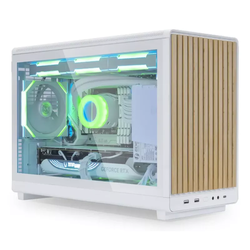 Obudowa PC Lian Li A3-mATX Micro Tower — Biała z drewnem, obsługuje zasilacze ATX/SFX/SFX-L, płyty Micro-ATX/Micro-ITX, 1x3,5 cala + 2x2,5 cala