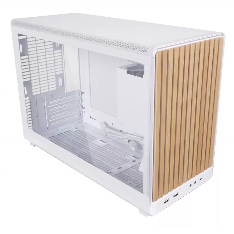Obudowa PC Lian Li A3-mATX Micro Tower — Biała z drewnem, obsługuje zasilacze ATX/SFX/SFX-L, płyty Micro-ATX/Micro-ITX, 1x3,5 cala + 2x2,5 cala