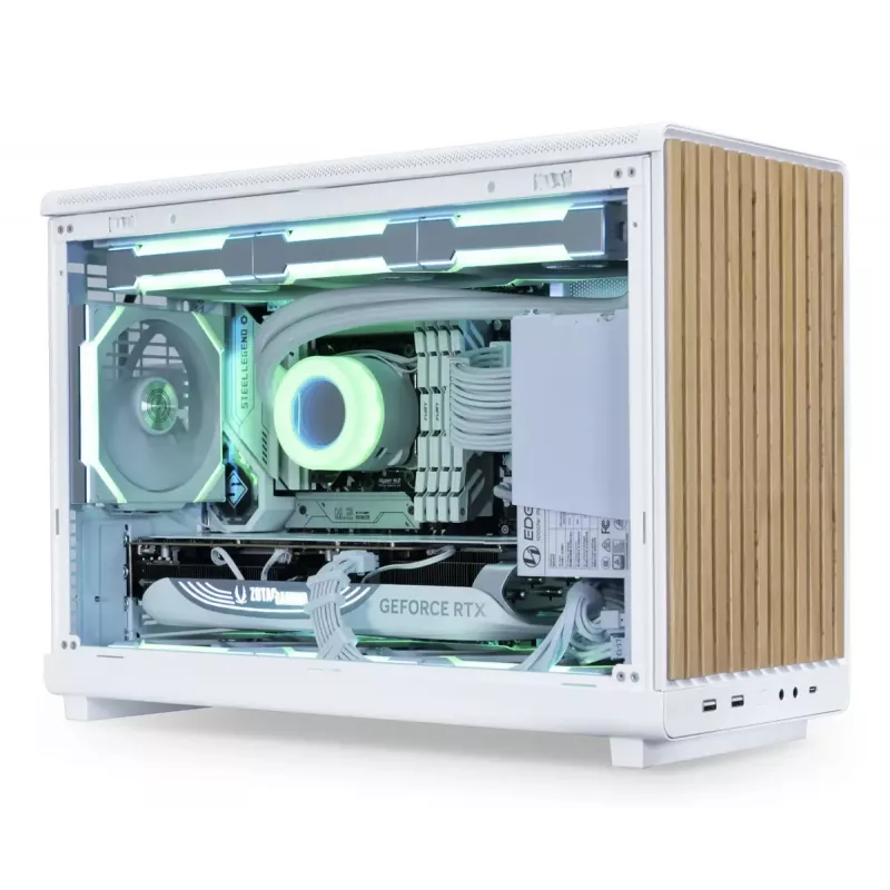 Obudowa PC Lian Li A3-mATX Micro Tower — Biała z drewnem, obsługuje zasilacze ATX/SFX/SFX-L, płyty Micro-ATX/Micro-ITX, 1x3,5 cala + 2x2,5 cala