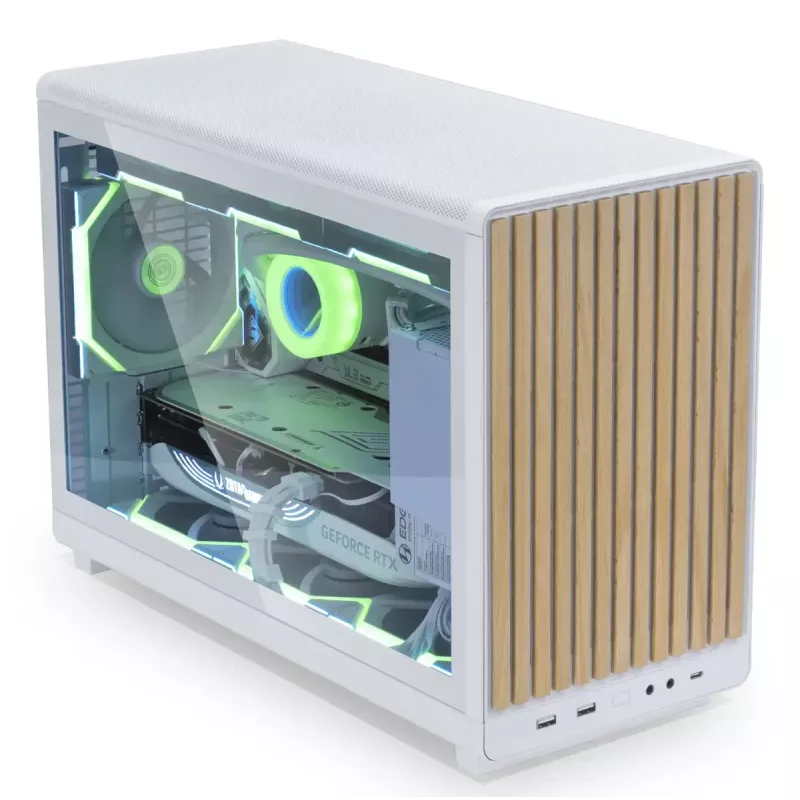 Obudowa PC Lian Li A3-mATX Micro Tower — Biała z drewnem, obsługuje zasilacze ATX/SFX/SFX-L, płyty Micro-ATX/Micro-ITX, 1x3,5 cala + 2x2,5 cala