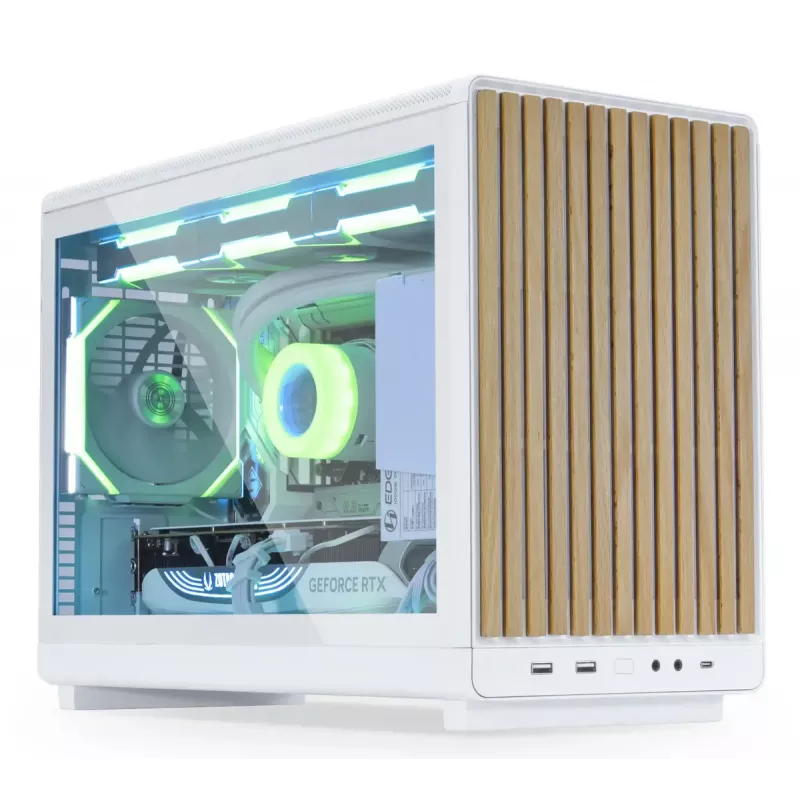 Obudowa PC Lian Li A3-mATX Micro Tower — Biała z drewnem, obsługuje zasilacze ATX/SFX/SFX-L, płyty Micro-ATX/Micro-ITX, 1x3,5 cala + 2x2,5 cala