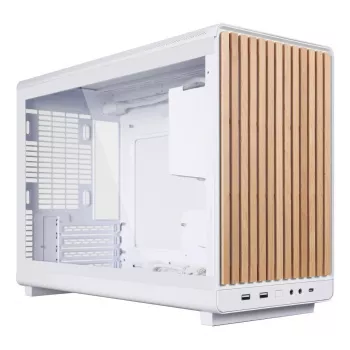 Obudowa PC Lian Li A3-mATX Micro Tower — Biała z drewnem, obsługuje zasilacze ATX/SFX/SFX-L, płyty Micro-ATX/Micro-ITX, 1x3,5 cala + 2x2,5 cala
