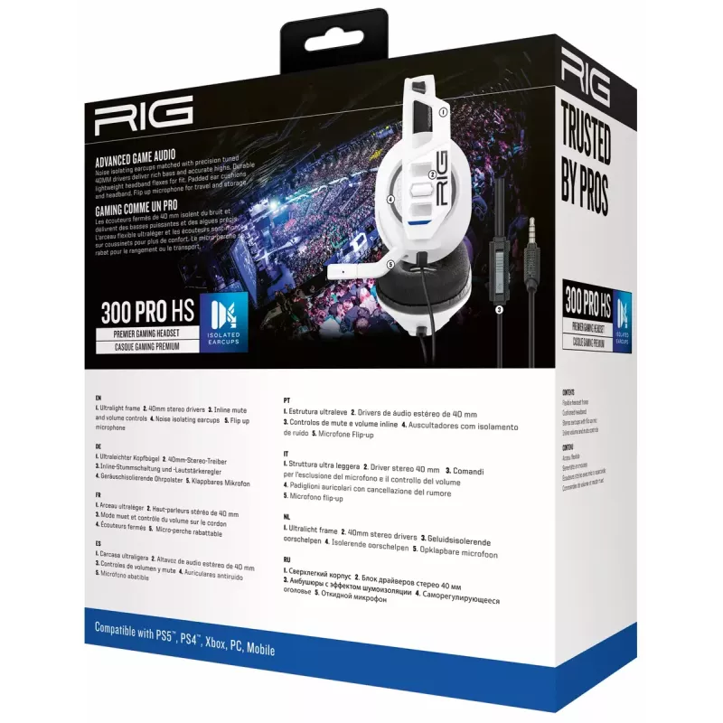 Headset nacon RIG 300 PRO HS — przewodowy gamingowy zestaw słuchawkowy nauszny, wokółuszny, 20–20000 Hz, kabel 1,2 m, biały