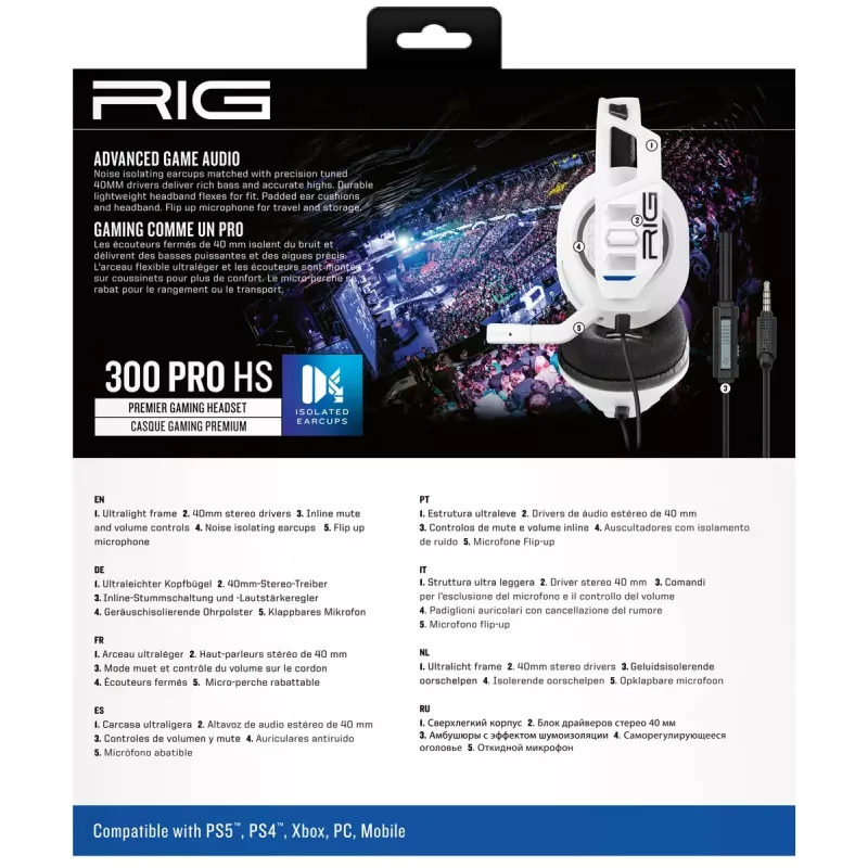 Headset nacon RIG 300 PRO HS — przewodowy gamingowy zestaw słuchawkowy nauszny, wokółuszny, 20–20000 Hz, kabel 1,2 m, biały