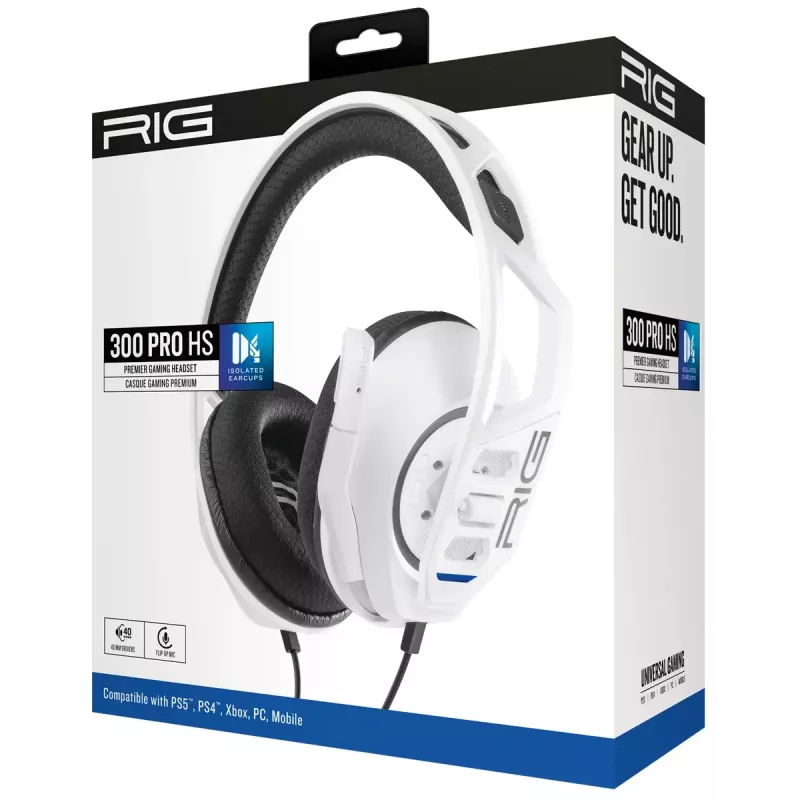 Headset nacon RIG 300 PRO HS — przewodowy gamingowy zestaw słuchawkowy nauszny, wokółuszny, 20–20000 Hz, kabel 1,2 m, biały