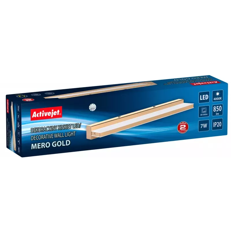 Lampa ścienna LED ActiveJet AJE-MERO GOLD, montaż natynkowy, prostokątna, 4000 K, 850 lm, niewymienna żarówka