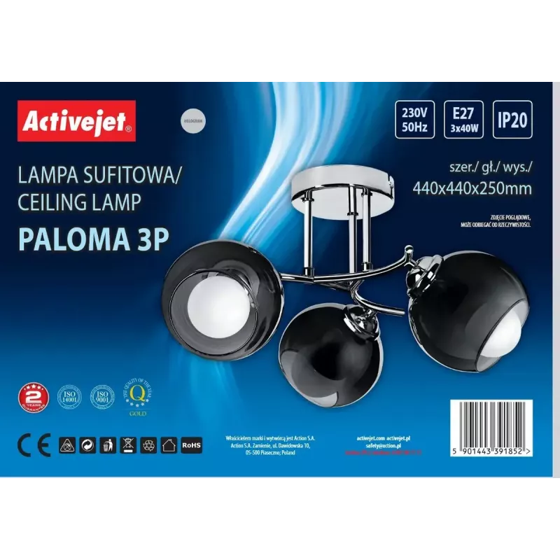 Lampa wisząca ActiveJet AJE-PALOMA 3P E27, 3×40W, montowana na suficie, srebrna, IP20, 440×250 mm