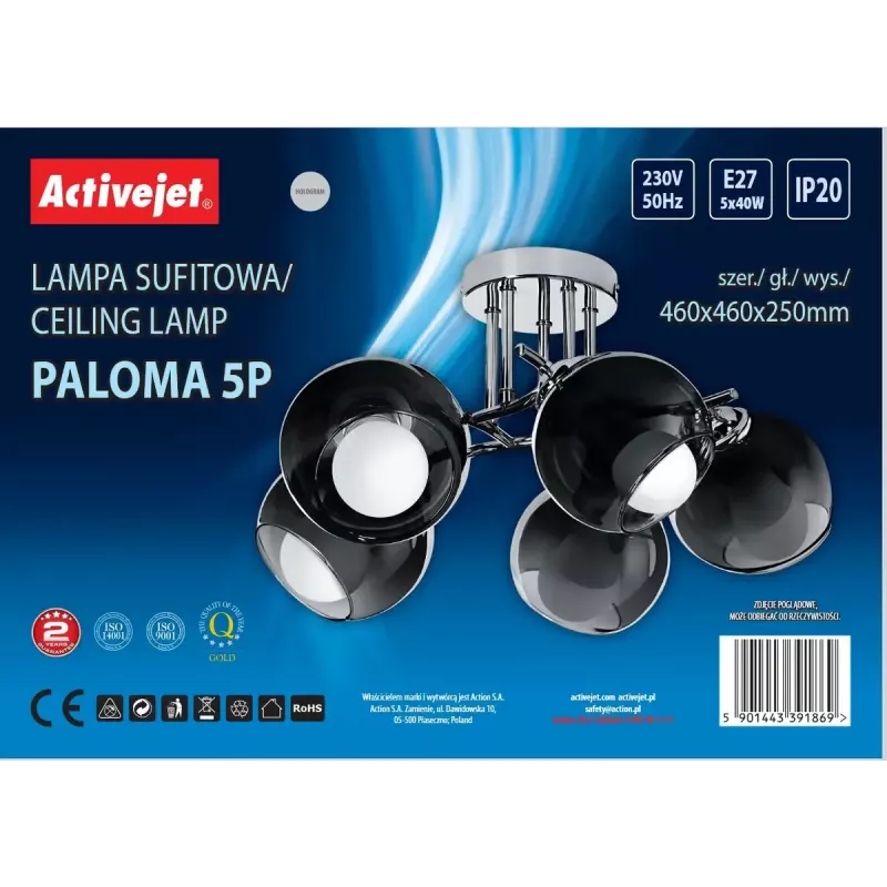 Lampa wisząca ActiveJet AJE-PALOMA 5P, 5×E27 40W, srebrna rama, czarne szkło, IP20, 460×250×460 mm