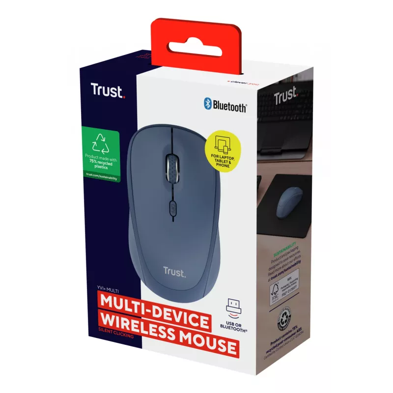Trust Yvi+ mysz uniwersalna symetryczna RF Wireless + Bluetooth optyczna 1600 DPI