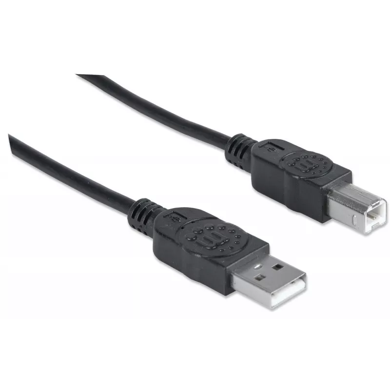 Manhattan USB-A do USB-B Kabel, 3 m, Męski na Męski, 480 Mbps (USB 2.0), Hi-Speed USB, Czarny, Dożywotnia gwarancja, Odpowiednik USB2HAB3M.