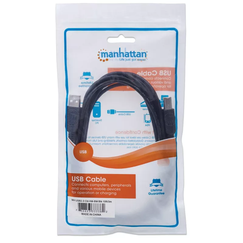 Manhattan USB-A do USB-B Kabel, 3 m, Męski na Męski, 480 Mbps (USB 2.0), Hi-Speed USB, Czarny, Dożywotnia gwarancja, Odpowiednik USB2HAB3M.