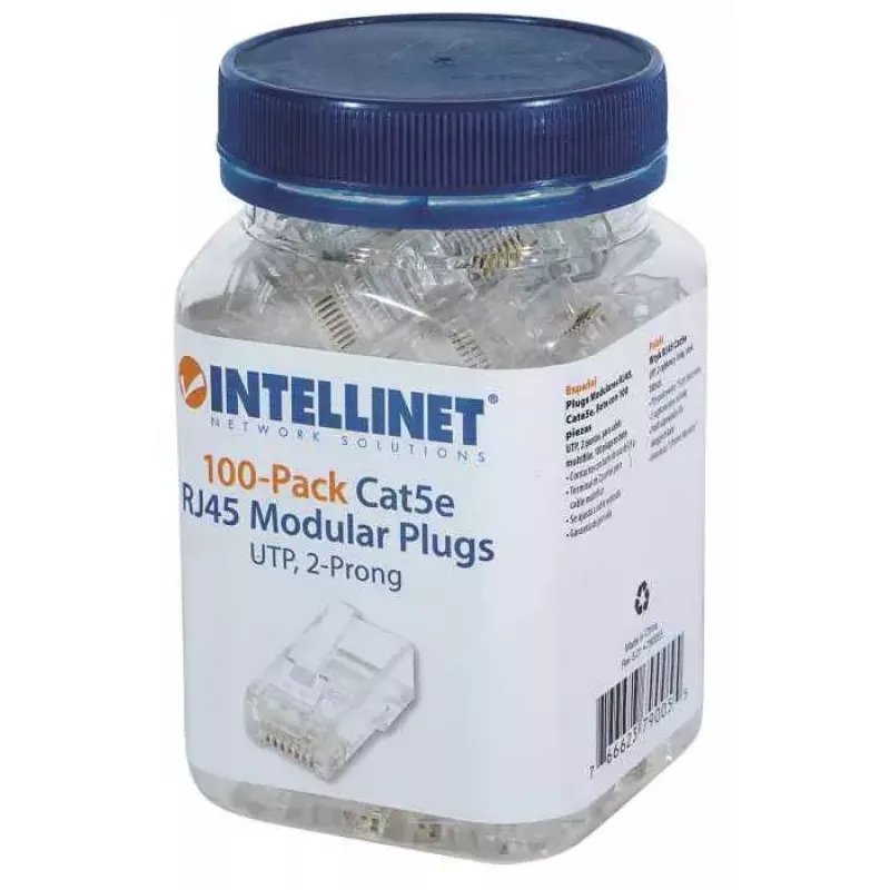 Intellinet wtyki modułowe RJ45, Kat. 5e, UTP, 2-zębne, do linki, pozłacane styki 15 µ, opakowanie 100 szt.