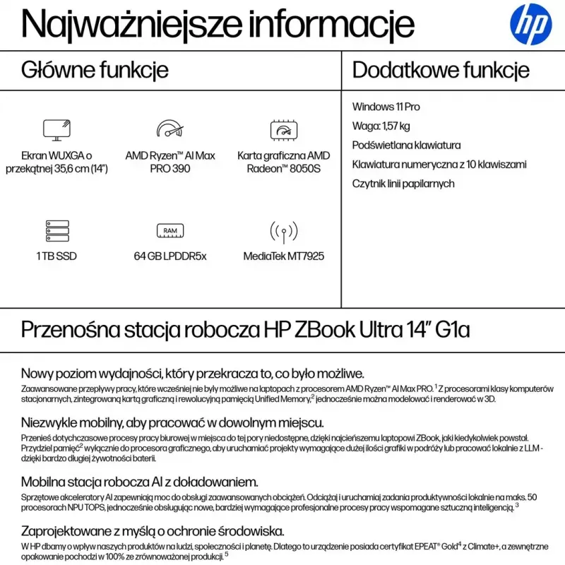 Mobilna stacja robocza HP ZBook Ultra 14 G1a — 14,0 cala WUXGA IPS 400 nitów, AMD Ryzen AI Max PRO 390, 64 GB LPDDR5x-8533, 1 TB SSD, Radeon 8050S