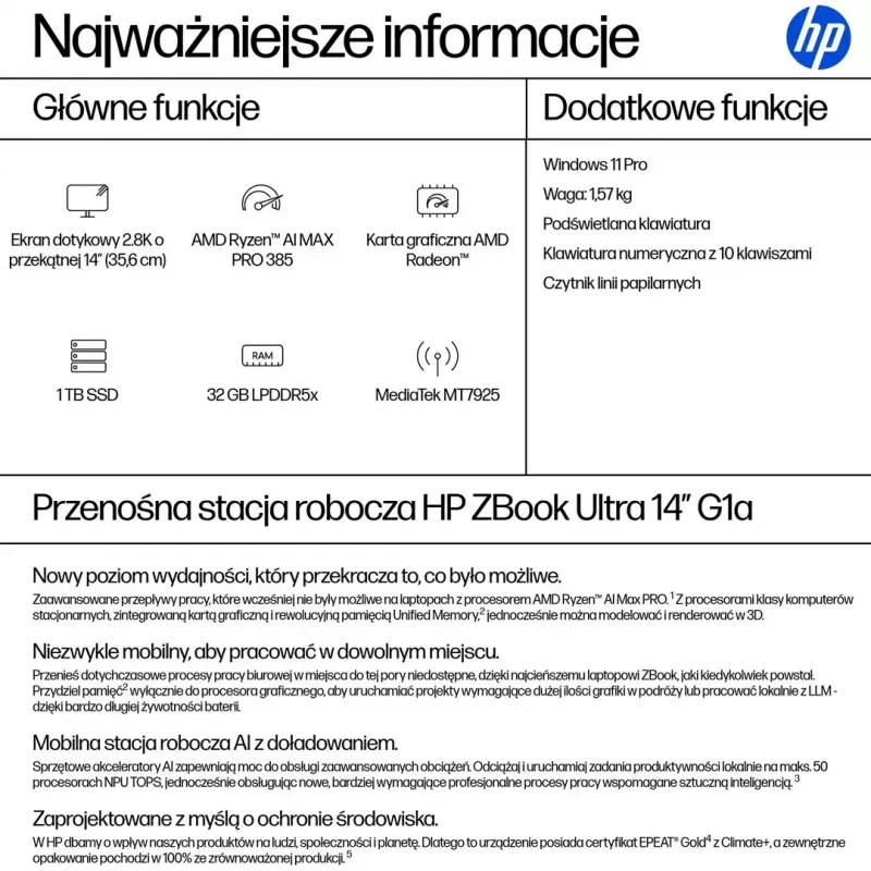 Mobilna stacja robocza HP ZBook Ultra 14 G1a Ryzen AI Max PRO 390 — 14,0-calowy dotykowy OLED 2.8K, 32 GB LPDDR5x-8533, 1 TB SSD, Radeon 8050S