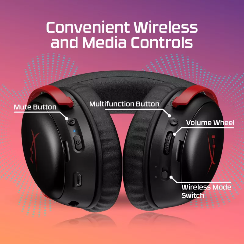 HyperX Cloud III S Wireless - Zestaw słuchawkowy do gier (czarno-czerwony), Czerwony, Chiny, Wokółuszne, Zamknięty, 115 mm, 210 mm