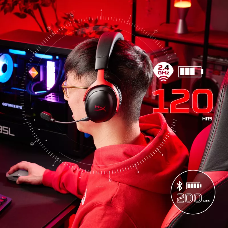 HyperX Cloud III S Wireless - Zestaw słuchawkowy do gier (czarno-czerwony), Czerwony, Chiny, Wokółuszne, Zamknięty, 115 mm, 210 mm