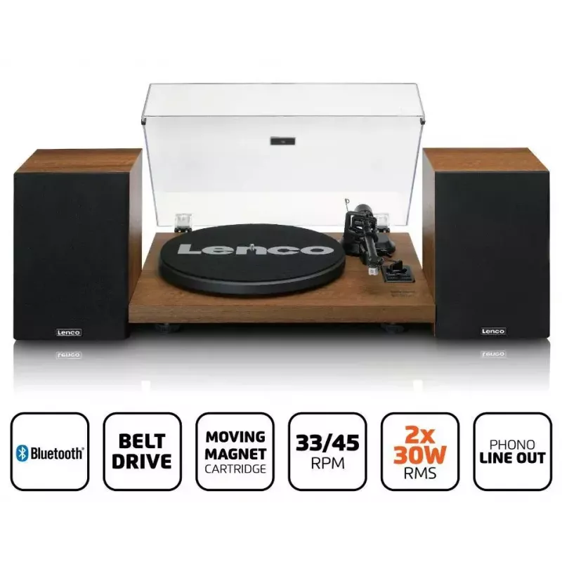 Gramofon Lenco LS-480WD z wbudowanym wzmacniaczem, Bluetooth, napęd paskowy, 33/45 obr./min, 2×30W RMS, drewniane kolumny
