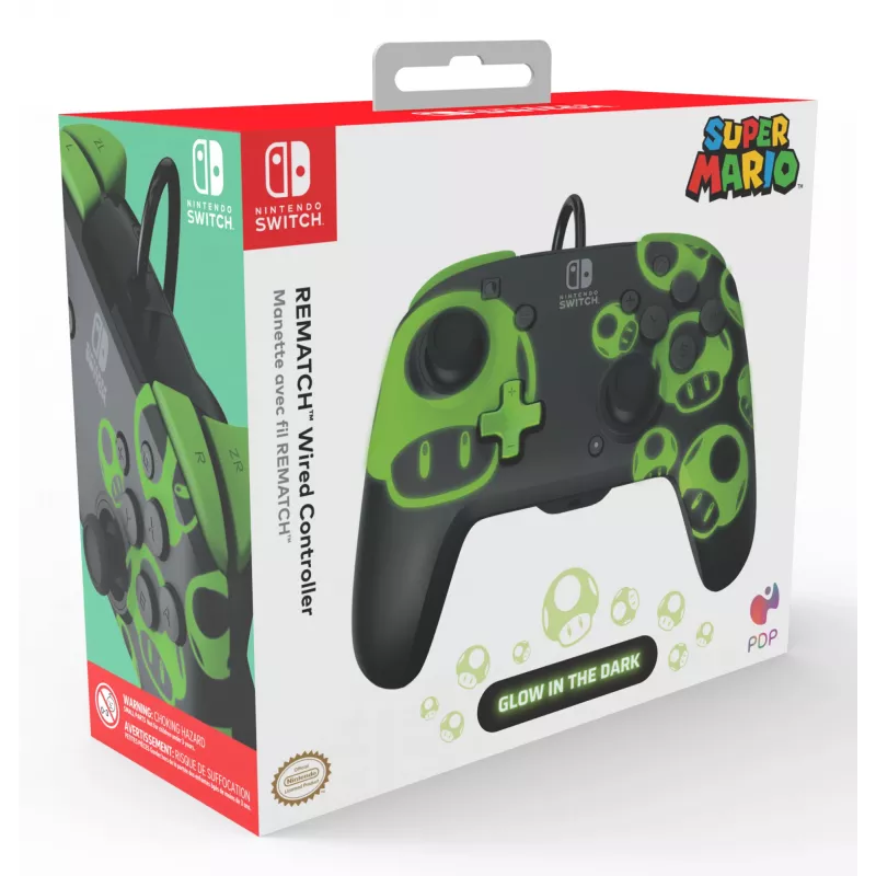 Gamepad PDP REMATCH Wired Controller 1-Up Glow in the Dark dla Nintendo Switch, USB, przewód 3 m, D-pad, przycisk Home, czarno-zielony