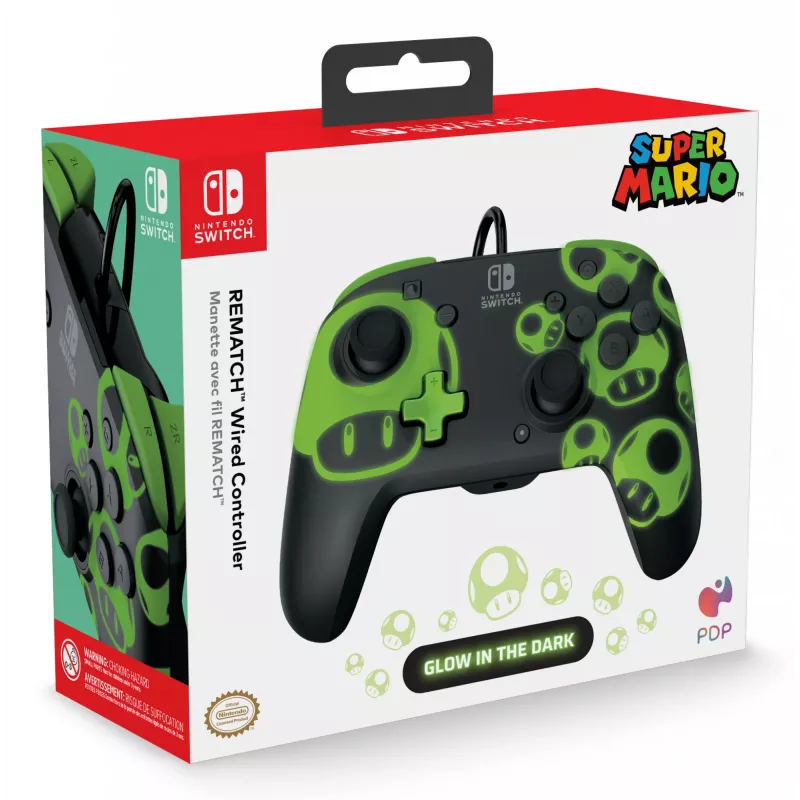 Gamepad PDP REMATCH Wired Controller 1-Up Glow in the Dark dla Nintendo Switch, USB, przewód 3 m, D-pad, przycisk Home, czarno-zielony