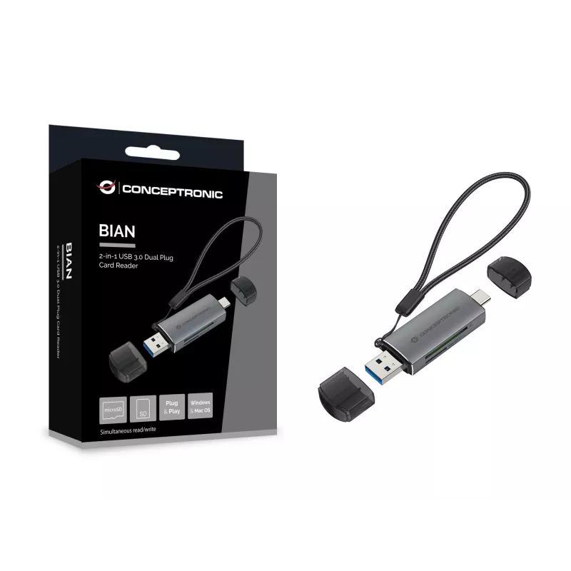 Conceptronic BIAN05G 2-w-1 czytnik kart USB 3.0 z podwójną wtyczką, SD/MicroSD 3.0, UHS-I