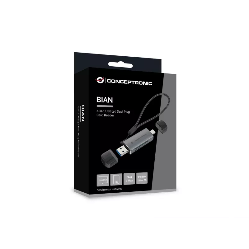 Conceptronic BIAN05G 2-w-1 czytnik kart USB 3.0 z podwójną wtyczką, SD/MicroSD 3.0, UHS-I