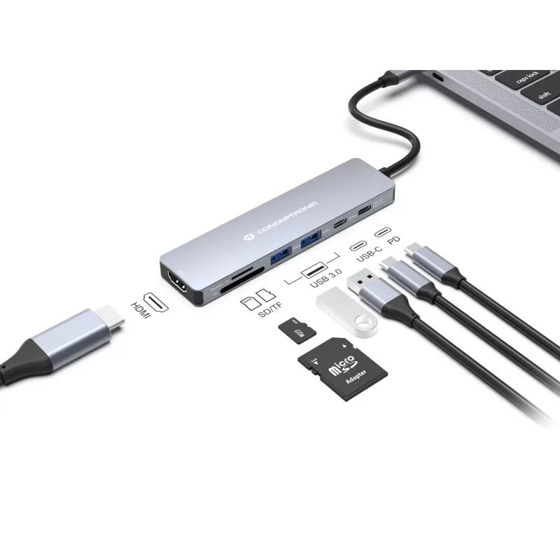 Conceptronic DONN28G 7-w-1 stacja dokująca USB 3.2 Gen 1, 4K60Hz HDMI, USB-A 5Gbps x 2, USB-C 5Gbps, SD, TF/MicroSD, 100W USB PD