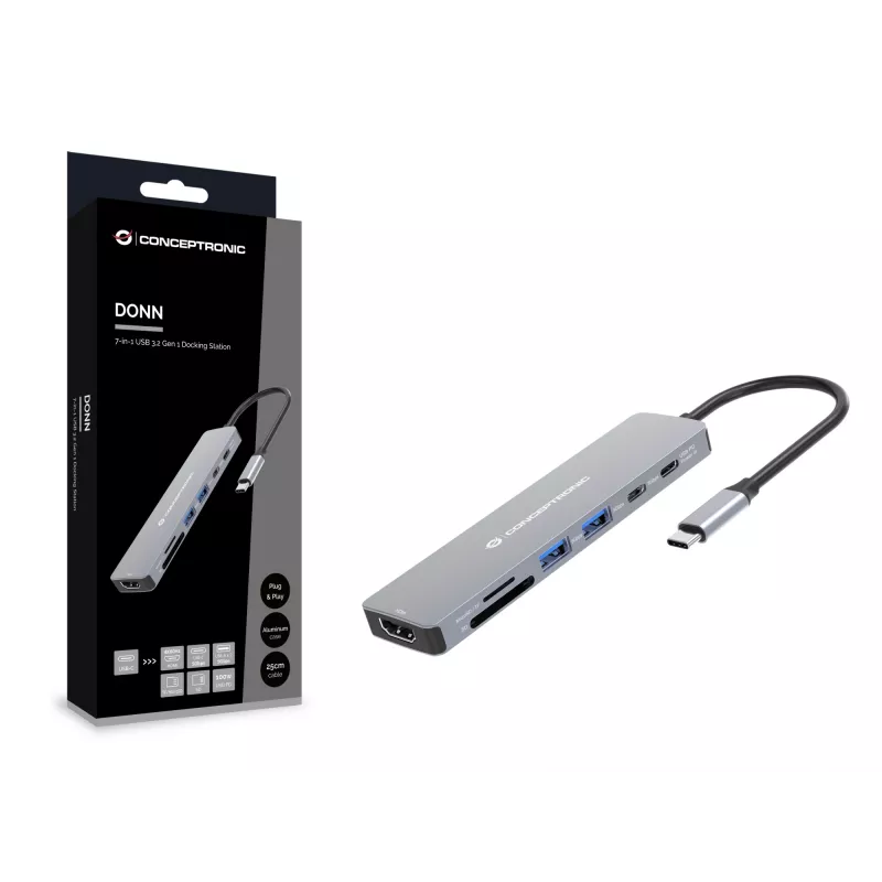 Conceptronic DONN28G 7-w-1 stacja dokująca USB 3.2 Gen 1, 4K60Hz HDMI, USB-A 5Gbps x 2, USB-C 5Gbps, SD, TF/MicroSD, 100W USB PD