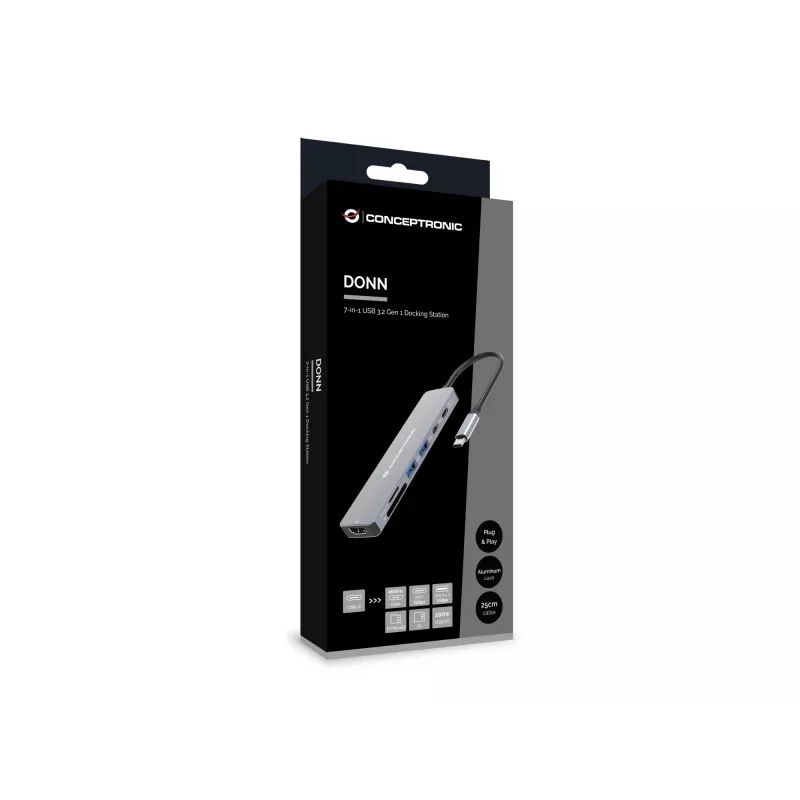 Conceptronic DONN28G 7-w-1 stacja dokująca USB 3.2 Gen 1, 4K60Hz HDMI, USB-A 5Gbps x 2, USB-C 5Gbps, SD, TF/MicroSD, 100W USB PD