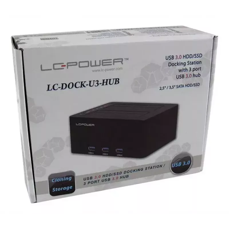 LC Power LC-DOCK-U3-HUB - HDD-Dockingstation mit Netzanzeige, 3-Port-USB-Hub, Ein/Aus-Schalter, Klon-Funktion Schächte: 2 - 2.5 / 3.5 gemeinsam genutz