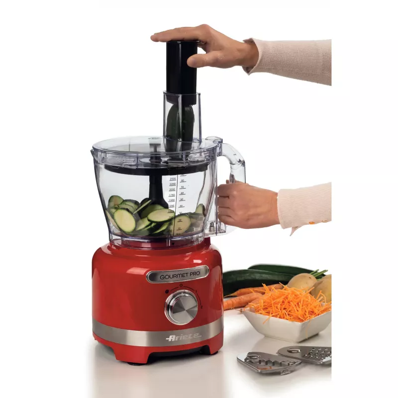 Ariete 1782 Gourmet Pro Moderna, Robot kuchenny, Wielofunkcyjny młynek 3 l, Blender 2 l, 2 prędkości + Pulse, Komplet ostrzy + tarcza ze stali nierdzewnej, Przystawka do wyciskania soku, Czerwony