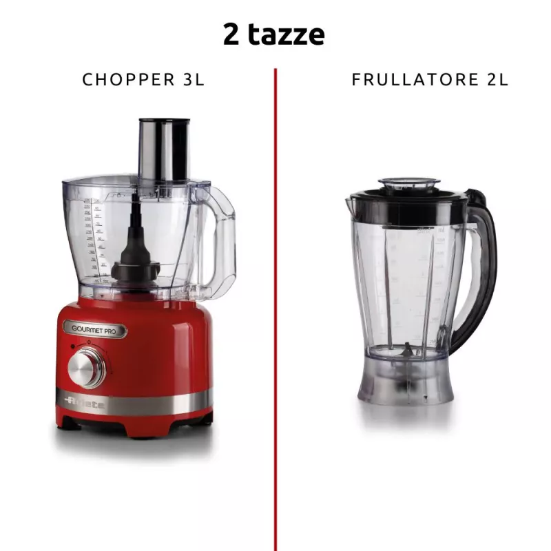 Ariete 1782 Gourmet Pro Moderna, Robot kuchenny, Wielofunkcyjny młynek 3 l, Blender 2 l, 2 prędkości + Pulse, Komplet ostrzy + tarcza ze stali nierdzewnej, Przystawka do wyciskania soku, Czerwony