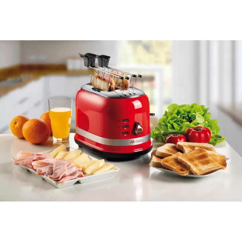 Ariete 149 Toster z Szczypcami na 2 Kromki Chleba - Automatyczne Wysuwanie - Rozmrażanie - 6 Stopni Przyrumieniania - 800 W - Modern Line - Czerwony
