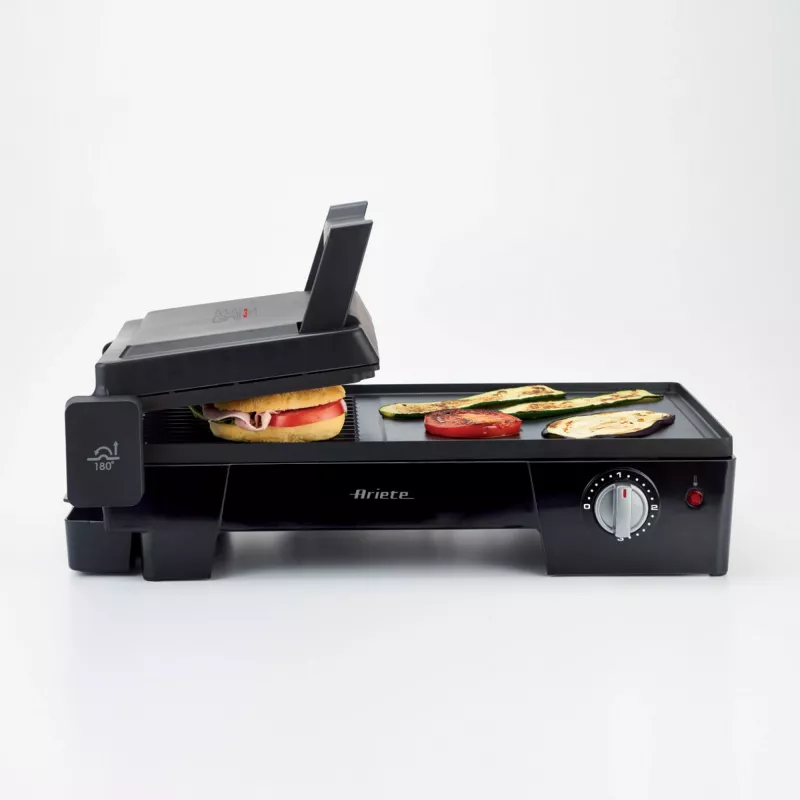 Ariete 1916 Multi Grill 3 w 1 - Grill elektryczny, Barbecue, płyta gładka i żebrowana - otwarcie 180° - Regulowany termostat - 2400 W - Czarny