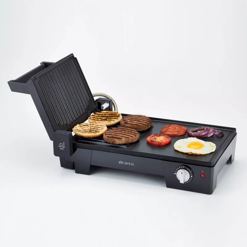 Ariete 1916 Multi Grill 3 w 1 - Grill elektryczny, Barbecue, płyta gładka i żebrowana - otwarcie 180° - Regulowany termostat - 2400 W - Czarny