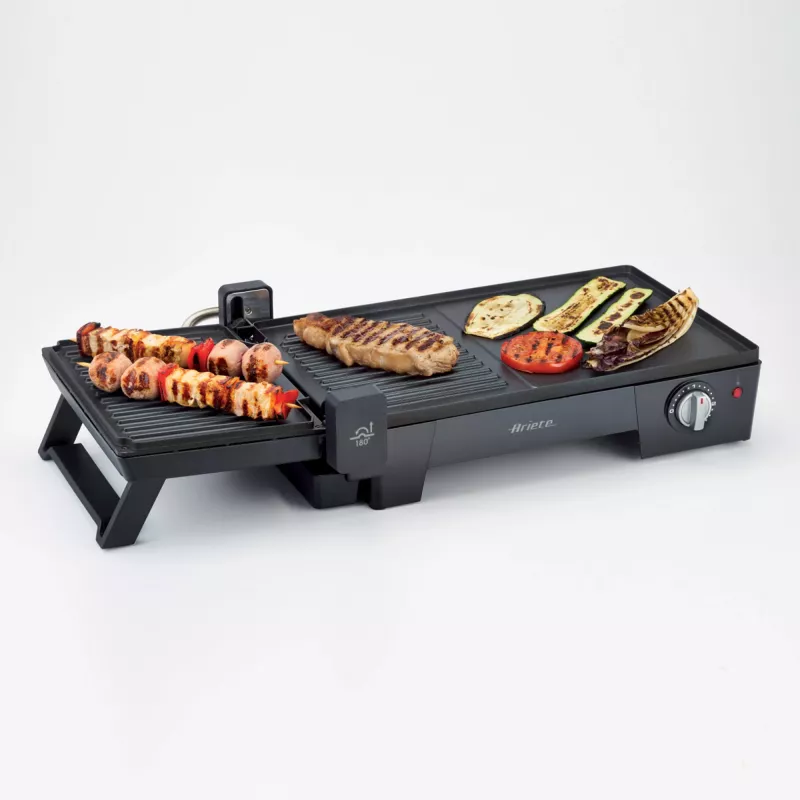 Ariete 1916 Multi Grill 3 w 1 - Grill elektryczny, Barbecue, płyta gładka i żebrowana - otwarcie 180° - Regulowany termostat - 2400 W - Czarny