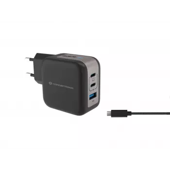 Conceptronic 3-Port 67W GaN USB PD Charger with USB-C Charging kabel, USB-C x 2, USB-A x 1, QC 3.0, PPS