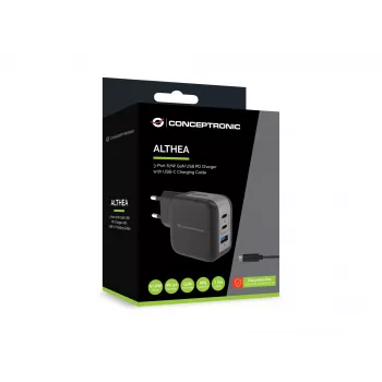 Conceptronic 3-Port 67W GaN USB PD Charger with USB-C Charging kabel, USB-C x 2, USB-A x 1, QC 3.0, PPS