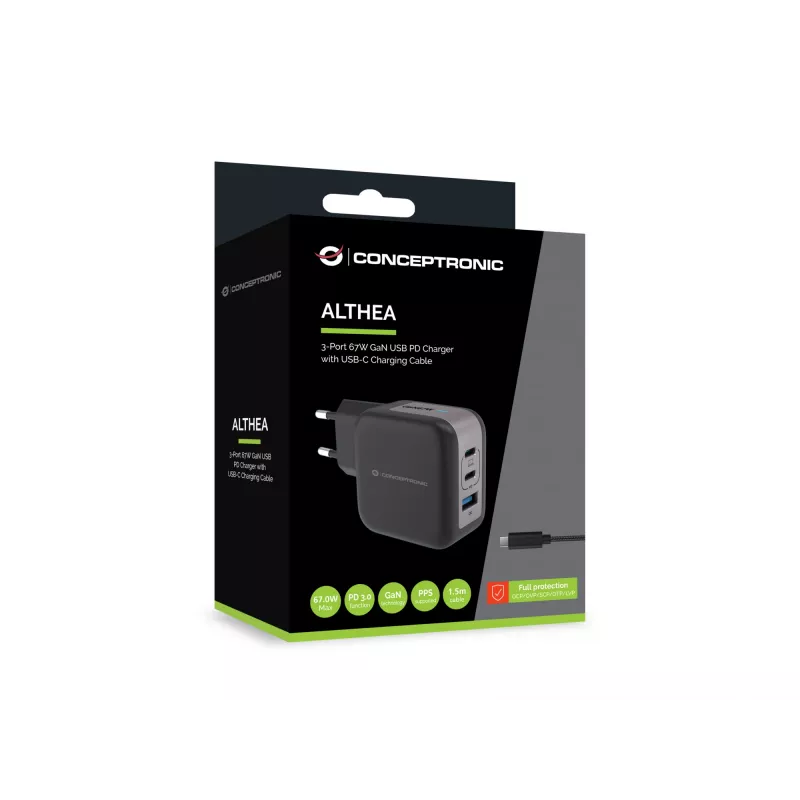 Conceptronic 3-Port 67W GaN USB PD Charger with USB-C Charging kabel, USB-C x 2, USB-A x 1, QC 3.0, PPS