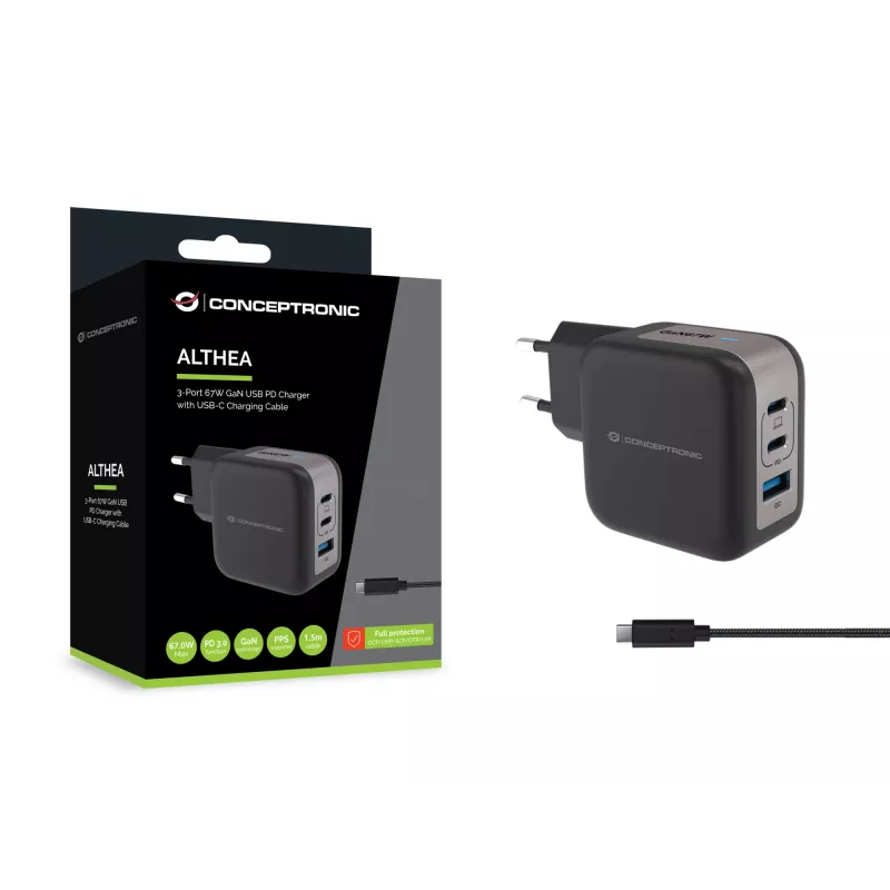 Conceptronic 3-Port 67W GaN USB PD Charger with USB-C Charging kabel, USB-C x 2, USB-A x 1, QC 3.0, PPS