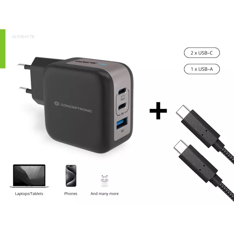 Conceptronic 3-Port 67W GaN USB PD Charger with USB-C Charging kabel, USB-C x 2, USB-A x 1, QC 3.0, PPS