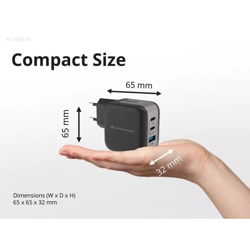Conceptronic 3-Port 67W GaN USB PD Charger with USB-C Charging kabel, USB-C x 2, USB-A x 1, QC 3.0, PPS