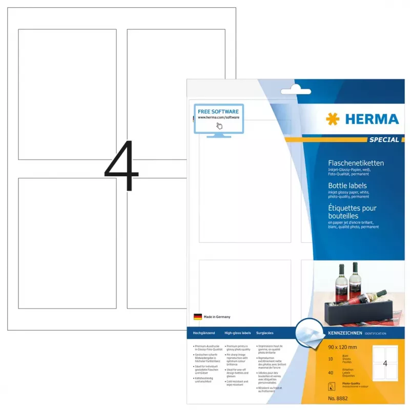Samoprzylepne etykiety do drukarek HERMA Etykiety na butelki A4 Inkjet 90x120 mm