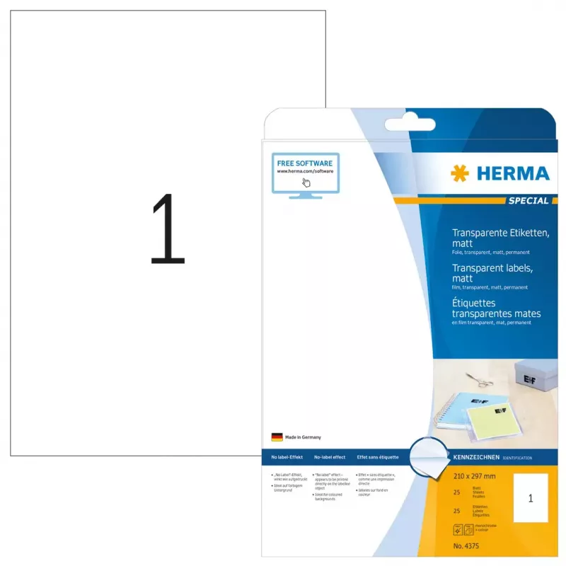 Samoprzylepna etykieta do drukarek HERMA Labels przezroczysta matowa A4 210x297 mm folia