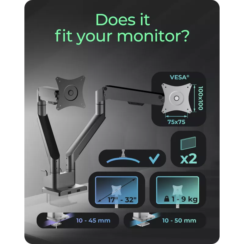 Uchwyt do monitora Icybox 61085 na 2 monitory z montażem na biurku — dwuramienny uchwyt do monitora na biurko